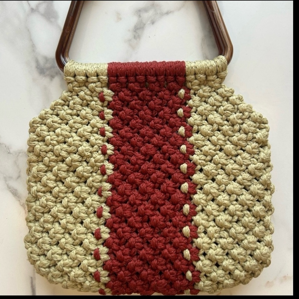 Crochet bag with brown handles